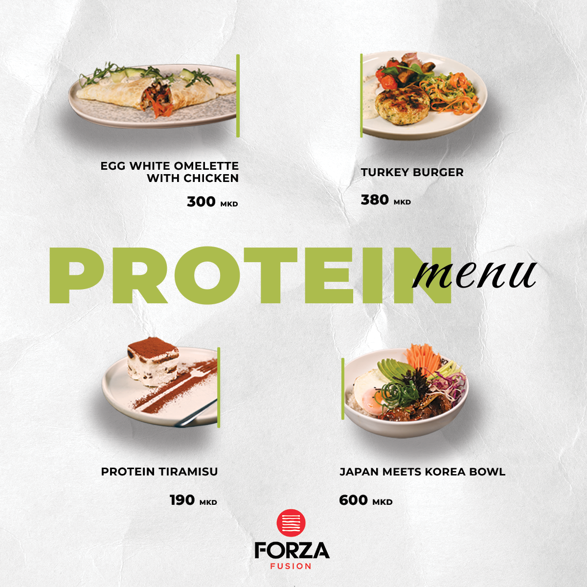 Protein Menu: Egg white omelette with chicken — 300 MKD; Turkey burger — 380 MKD; Protein tiramisu — 190 MKD; Japan meets Korea bowl — 600 MKD
